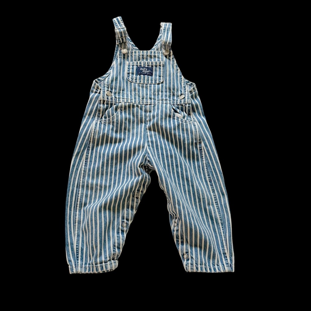 OshKosh Bgosh Kids Blue White Hickory Stripe Denim Overalls Bibs Snaps